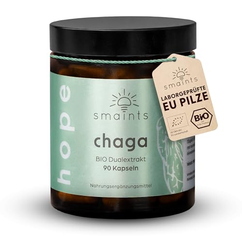 smaints BIO Chaga Dual-Extrakt Kapseln - 100% aus Bio Anbau in Europa - 90 Stk für 90 Tage - hochdosiert 400 mg pro Kapsel - Premium Chaga aus Wildsammlung von Birken - vegan & laborgeprüft