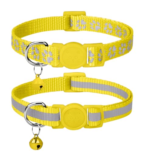 Taglory Collar Gato Reflectante, 2 Piezas Collares para Gatos con Cascabeles y Hebilla Seguro de Liberación Rápida, 19-32cm Amarillo