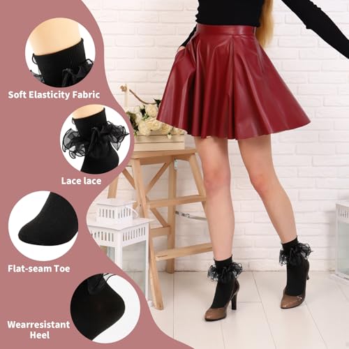 Image of Women Big Ruffle Ankle Socks Adult Double Lace Frilly Turn Cuff Dress Socks Cotton Cute Fancy Bobby Crew Socks