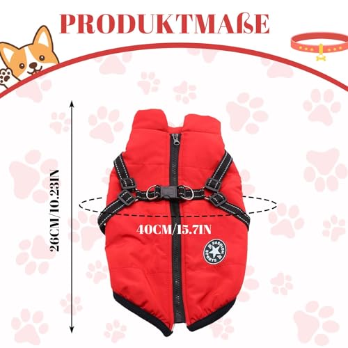 Hundemantel Winter mit Geschirr, Warme Hundejacke für Kleine Hunde, Wasserdicht, Reflektierend, Rot M, Hundemantel Für Kleine Hunde, Ideal Wintermantel Hund für kalte Tage, Hundejacke Wasserdicht