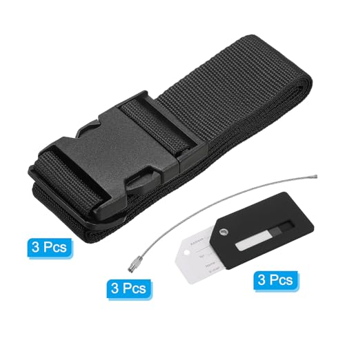 Image of PATIKIL Luggage Strap with Luggage Tag and Loop 78 inchx2 inch, 3 Set Adjustable Suitcase Belt for Travel Packing Bag Closure Identify, Black