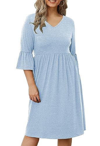 Image of Women's Plus Size 3 /4 Sleeve Casual Dress V Neck Spring Summer Tshirt Empire Waist Ruffle Midi Dresses