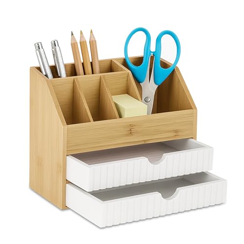 Relaxdays Schreibtisch Organizer, Schubladen & Fächer, HxBxT: 19 x 24 x 14 cm, Bambus & MDF, Büroaufbewahrung, Natur/weiß