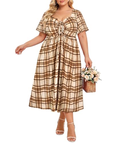 Image of CARCOS Plus Size Dresses for Curvy Women Tie Sweetheart Neck Summer Maxi Dress Short Sleeve Empire Waist Floral Boho Dress