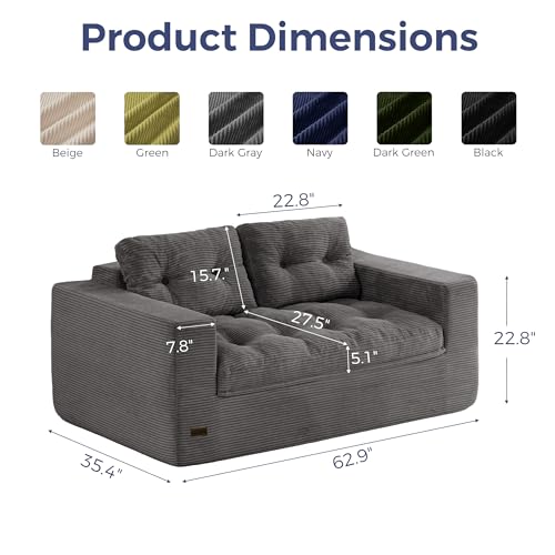 Image of MAXYOYO 63 inch Loveseat Sofa Couch for Small Spaces, Upholstered Boneless Cloud Couch for Apartment Bedroom, 2-Seater Love Seat Floor Modern Sofa with Pillows, No Assembly Required, Dark Grey