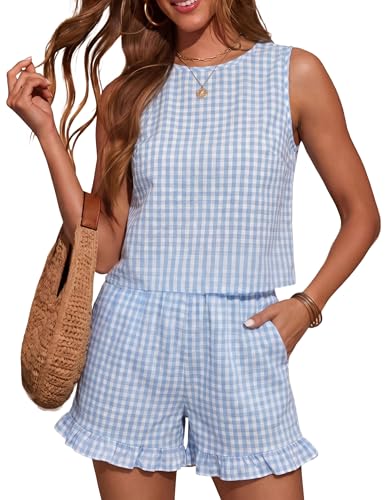 Hooever Womens Cotton Gingham Two Piece Crop Set High Waist Ruffle Shorts(Blue-XL)