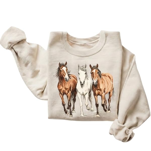 FITIN Unisex Wild Horses Sweatshirt for Women Vintage Western Horse Graphic Crewneck Country Cowgirl Pullover Sand