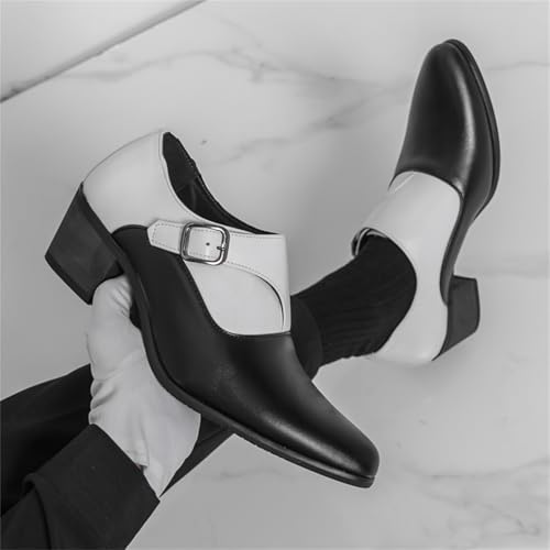 Men's Two Tone Genuine Leather Slip On Chunky Heel Monk Strap Dress Loafers Fashion Pointed Toe High Heel Chelsea Oxford Shoes Casual Business Formal Shoes4