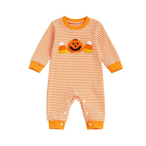 Baby Girl Halloween Jumpsuit Long Sleeve My First Halloween Pumpkin/Ghost Onesie Embroidery Striped Romper Outfits