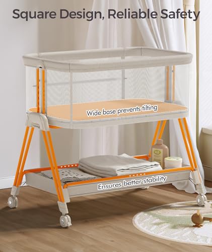 Image of Fodoss Baby Bassinets Bedside Sleeper - Bed Side Bassinet Newborn with Wheels, Storage Tray, 4-Sided Mesh, 7 Height Adjustable, Beige