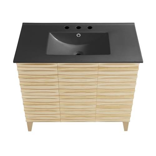 Image of Swiss Madison Cascade 36 in. Natural Oak Bathroom Vanity with Black, 3-Hole Ceramic Sink Top