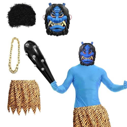 [SVNVIOZ] 節分 赤鬼 青鬼 コスプレ 鬼 衣装 6点セット お面 鬼のパンツ ウィッグ つなぎ服 こん棒 リアル鬼 なまはげ 鬼面 仮装 衣装 おに 豆まき オニ退治 節分豆 郷土 お祭り 男女共用