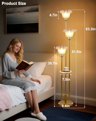 Image of Lightdot Flower Floor Lamp for Living Room Dimmable Vintage Floor Lamp with Shelf& Bulbs Included Mid Century Gold Floral Standing Tall Lamp with 5Lbs Heavy Base for Bedroom /Sofa Beside /Corner Decor