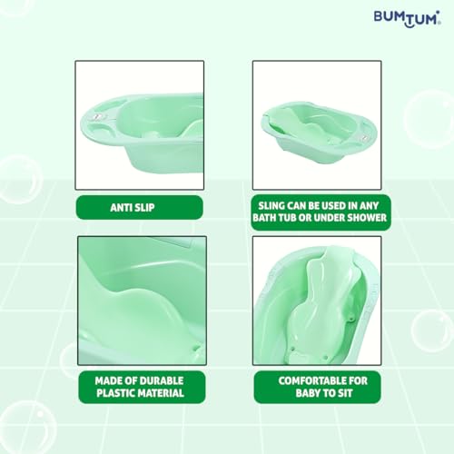Image of BUMTUM Baby Bathtub & Anti Slip Baby Plastic Bath Chair | Bathtub with Drain Plug, Baby Bath Seat /Sling with Non Slip Suction Base for Babies, Infant & Toddlers(Sea Green)