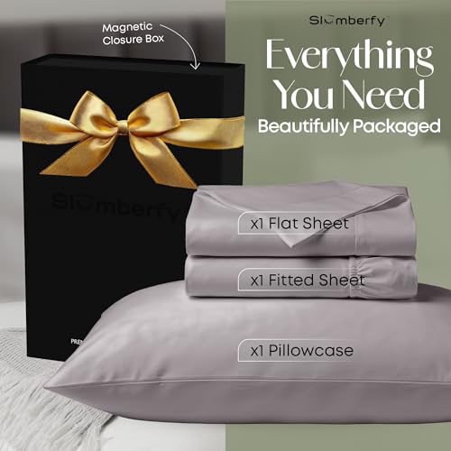 Image of Slumberfy 3-Piece 400 TC Viscose Derived from Bamboo Sheets, Twin XL Size - 1 Fitted, 1 Flat, 1 Pillow Case - Deep Pocket Cooling Viscose-Bamboo Bed Sheets in Magnetic Closure Gift Box, Grey