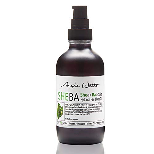 Angie Watts SHEBA Shea + Baobab Hydrating Hair & Body Oil, 4oz - All Natural and Organic Ingredients | 100% Vegan | Lightweight | Restores moisture, nutrients and shine to thirsty (dehydrated) hair and skin