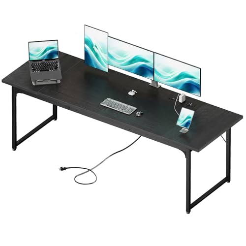 Image of Coleshome 79 Inch Large Computer Desk with Power Outlet, Extra Long Desk for Home Office & Gaming, Spacious Writing Table for Study and Crafting, Black