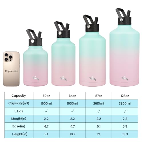 Image of Konokyo Insulated Water Bottle with Straw,50 oz 3 Lids Water Jug with Carrying Bag,Paracord Handle,Double Wall Vacuum Stainless Steel Metal Flask,Gum