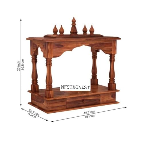 Image of Wall Mounted Solid Sheesham Wood Puja Mandir for Home Solid Wooden Temple for Puja Room with 1 Drawer Storage Pooja Ghar Wooden Furniture for Pooja Room Sheesham Wood, Honey Finish