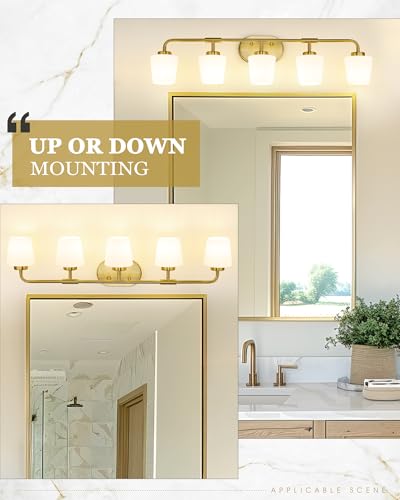 Image of Bathroom Light Fixtures Over Mirror, 5-Light Brushed Gold Vanity Lighting Fixtures with Milk White Glass, 38inch Farmhouse Champagne Bronze Wall Sconces Lighting, AD-22004-5W-GD