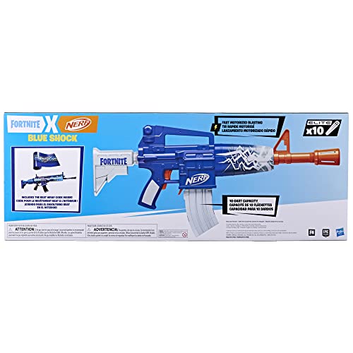 Nerf Fortnite Blue-Shock Blaster, 10-Dart Clip, 10 Elite-Nerf Darts, inklusive Bonuscode zum Freischalten des Beat Wrap im Spiel, motorisierter Dart-Blaster
