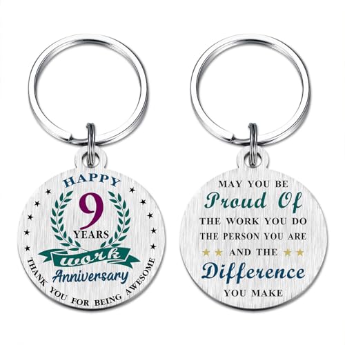 Viayen Happy 9 Year Work Anniversary Keychain Gifts for Employee Coworker- Nine 9th Year Job Anniversary Keychain for Women Men