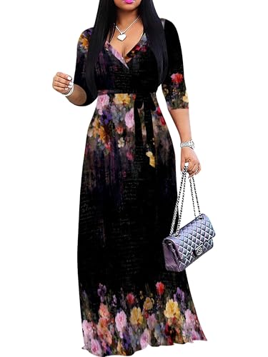 Image of SUZONANA Plus Size Dresses for Women Floral Print Maxi Dress Flowy 3 /4 Sleeve with Belt