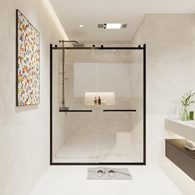 Frameless Shower Door, 60" W x 76" Sliding Shower Door,Double Sliding Glass Shower Door with 3/8'' Clear SGCC Tempered Glass?Stainless Steel, (Matte Black)