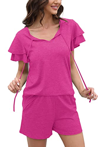 Image of WIHOLL Summer Outfits for Women 2 Piece Short Sleeve V Neck Lounge Sets Casual