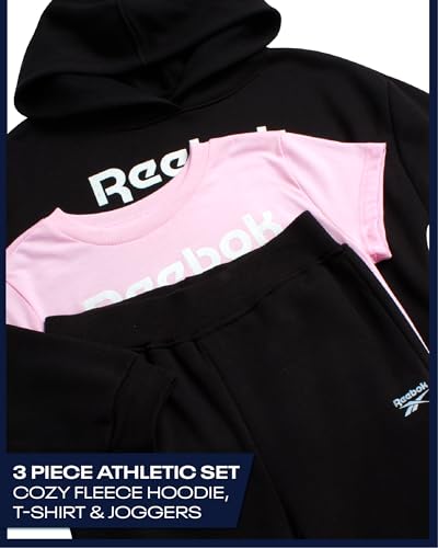 Reebok Girls' Activewear Set - 3 Piece Stylish Graphic T-Shirt Fleece Pullover Hoodie and Jogger Sweatpants Size: 4-12 Size2