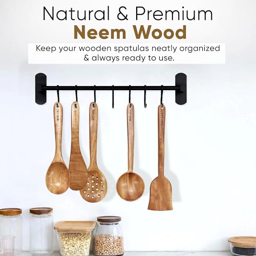 Image of SOLARA Neem Wooden Spatula Set of 5, Spatula Kitchen Tools, WoodenLadle, Spatula Set for Non-Stick Pan, Naturally Antibacterial, Eco-Friendly & Non-Toxic, Ideal for Non-Stick Cookware