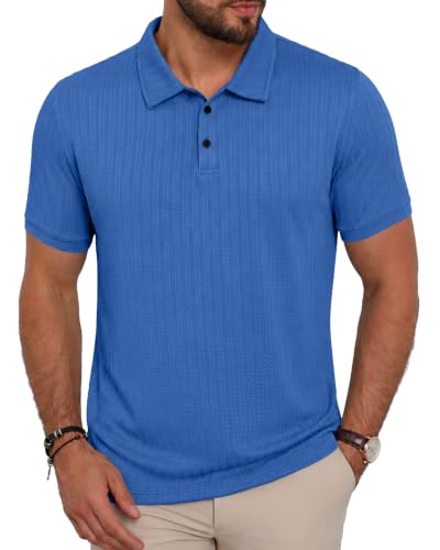 KUYIGO Mens Polo Shirts Summer Casual Collared Shirts Textured Stretchy Golf Shirts Large Royal Blue