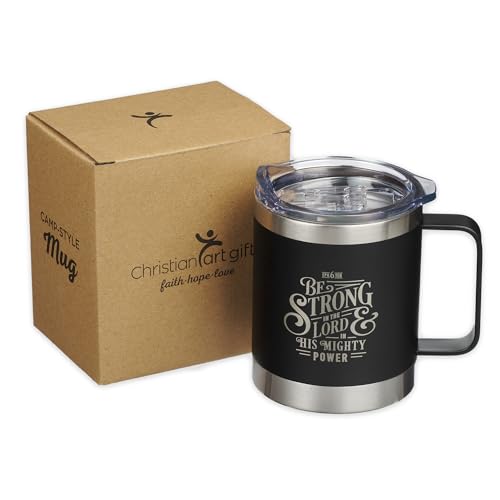 Christian Art Gifts Stainless Steel Double Wall Vacuum Insulated Camp Style Travel Mug 11 oz Black Coffee Mug with Lid for Men/Women with Bible Verse - Be Strong in The Lord -Ephesians 6:10