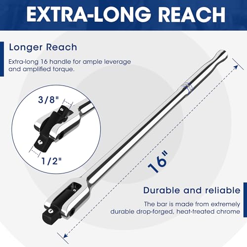 Image of WORKPRO Dual Drive Breaker Bar, 3 /8 inch & 1 /2 inch Drive, Heavy Duty Breaker Bars, 16-inch Length with 360 Rotatable Head, Spring-loaded Detent Ball, Chrome Vanadium Steel Made