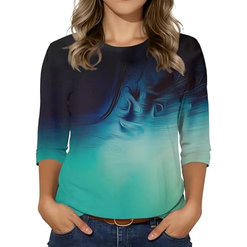3/4 Sleeve Tops for Women Basic Crew Neck Fall Blouses Casual Fit T Shirts, Blue Aurora, S