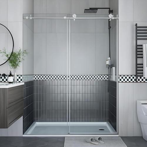 Image of Framed Shower Door 44-48 Inch wx74 Inch h - Glass Shower Door, Stainless Steel Square Rail, Double Sliding Shower Glass Door, 6Mm Tempered Glass, Brushed Silver