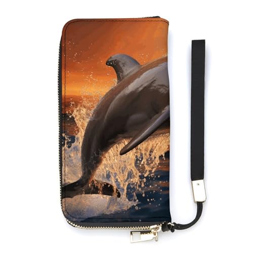 Portafoglio minimalista da uomo stampa delfino crepuscolo portafoglio bifold carino da viaggio da donna 20 x 10.5 cm moderno