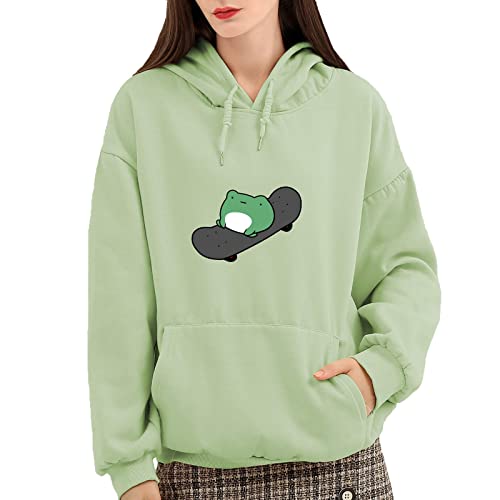 Keevici Women's Cute Sweatshirts Skateboarding Frog Long Sleeve Cotton Hoodie Pullover (Green,M) #TOP1