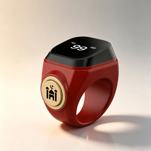 Image of Smart Tasbih Counter,18mm(8) Muslim Digital Azan Alarm Clock Zikr Ring,APP Support Digital Counter Prayer Reminder Rings, Waterproof 4 Digit Finger Counter for Muslims(Red)