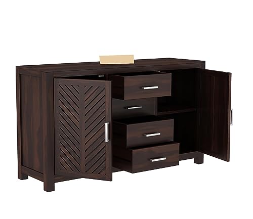 Image of Solid Sheesham Wood Sideboard Cabinet - Multipurpose Wooden Storage Unit with 4 Drawers & 2 Door - Free-Standing Chest for Living Room, Dining Room & Entryway - Walnut Finish