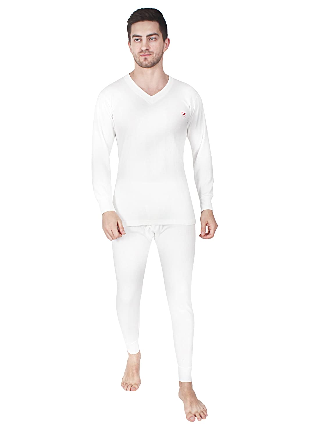 Quilted Premium Steam Disinfected Men's V-Neck Full Sleeves Cotton Thermal Top and Trouser Set