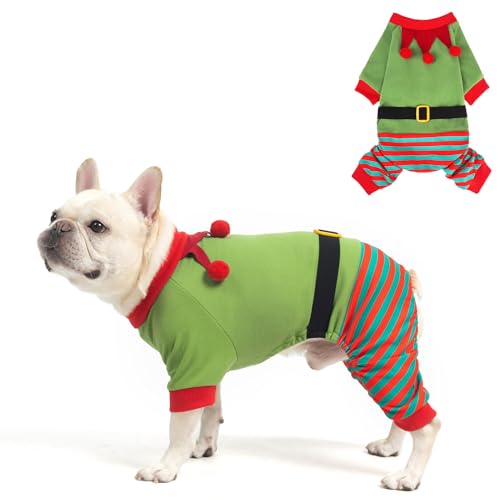 Image of Mihachi Christmas Dog Pajamas, Pet Costume Elf Dog Costume Clothes for Small Large Soft Pet Pjs Winter Warm Jammies, Stretchy Elf Clown Apparel for Puppy Christmas Party Supplies, Green