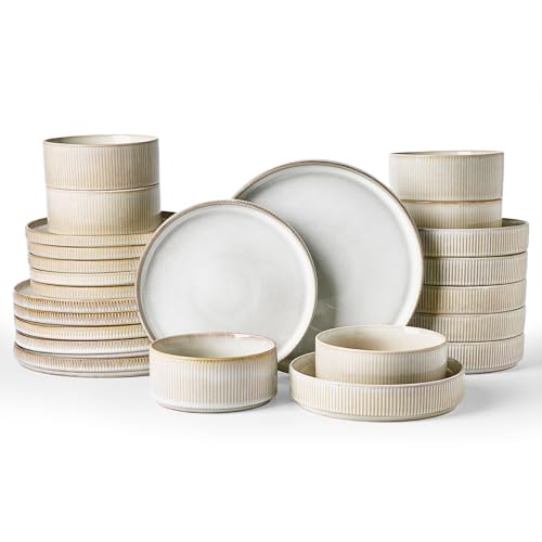 Image of Famiware Star Dinnerware Set with Pasta Bowls, Service for 6 (24 Pieces), Ribbed Stoneware Plates and Double Bowls Sets - Chip & Scratch Resistant, Microwave & Dishwasher Safe Dishes, Cappuccino White