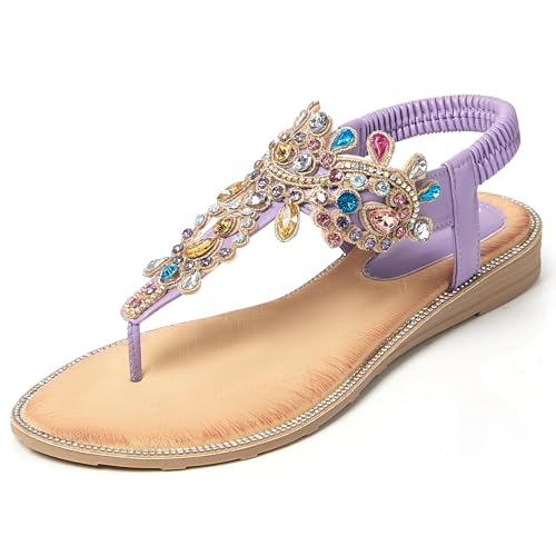 Image of iCKER Women Flat Thong Sandals Rhinestone Sparkly Boho Elastic Ankle Strap | Non‑slip,Matches Summer Dresses,for Vacation,Wedding,Evening and Festival