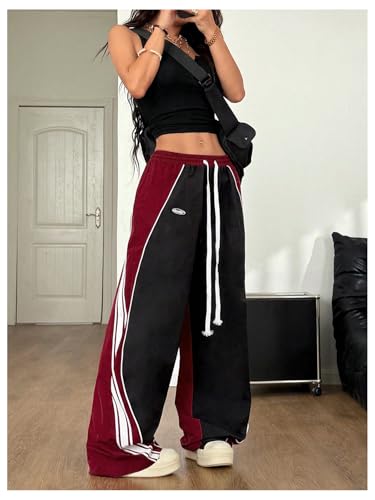 GORGLITTER Women's Baggy Track Pants Y2K Color Block Drawstring High Waisted Parachute Pants4