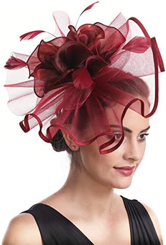 Fascinator Women's Organza Church Kentucky Derby British Bridal Tea Party Wedding Hat Summer Ruffle Hat(Hj2-Burgundy)