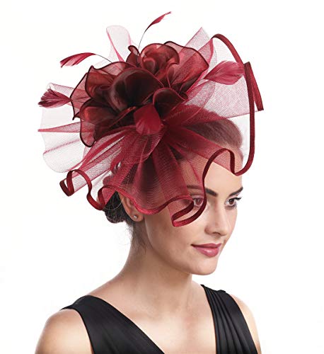 Women's Organza Church British Fascinator Bridal Tea Party Wedding Hat Summer (Hj2-Burgundy)