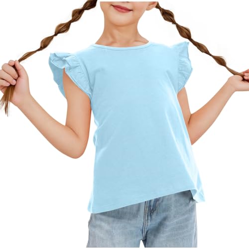 Girl's Summer T-Shirts Kids Double Layer Ruffle Sleeve Shirts Little Girls Cute Basic Crewneck Short Sleeve Clothing