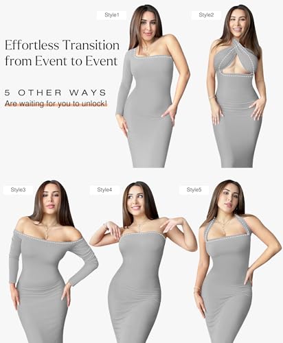 Image of Popilush Long Sleeve Formal Dress with Built in Shapewear Bra Maxi Dress | Light Tummy Control, Square Neck, Floor Length, Removable Cups, Wedding Guest Evening Bodycon Dress