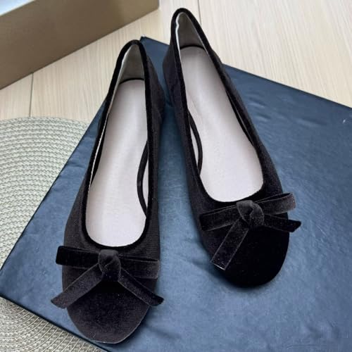 Image of TN TANGNEST Women's Velvet Flats Round Toe Ballet Shoes | Elegant Bowknot Flats Comfortable Casual Slip On Flats for Work